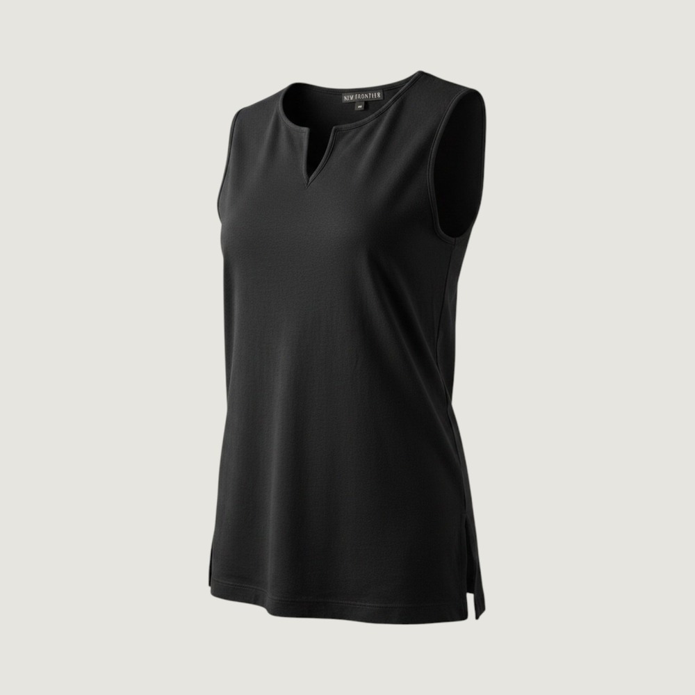New Frontier Womens Black Sleeveless Split Neck Tank Top Side Slits Size XS